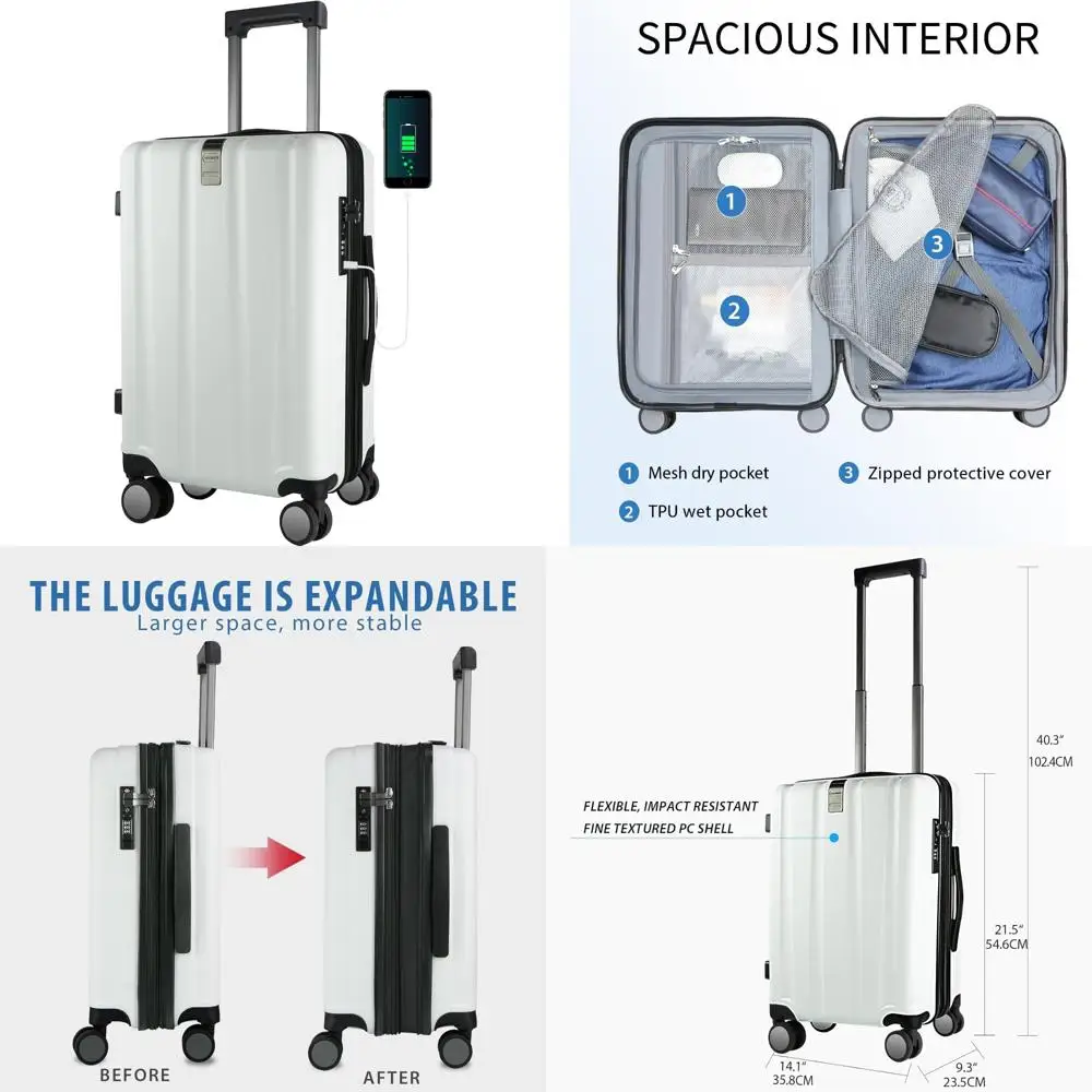 

Расширяемый чемодан с жестким спиннером, USB-портом и замком TSA для прочных путешествий