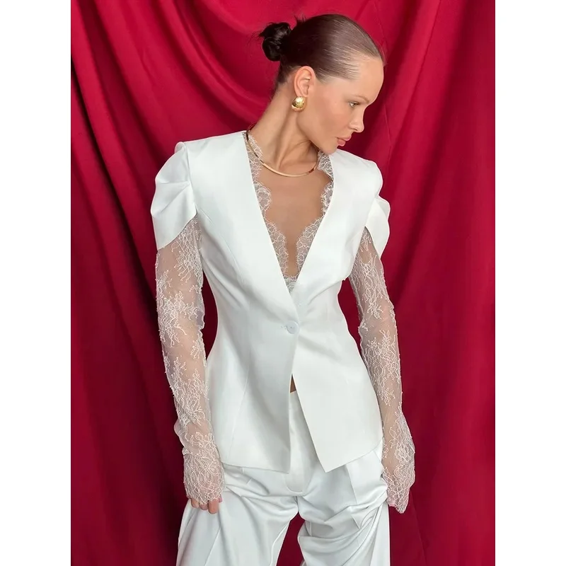 Lace Patchwork Sexy Blazer Jacket Women Elegant Deep V Neck See Through Long Sleeve One Button Club Blazers Coats