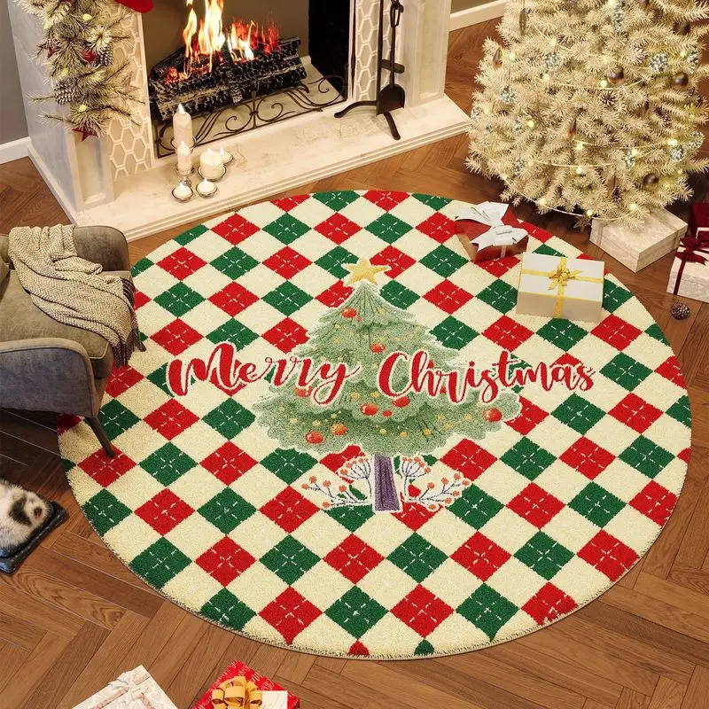 VIKAMA Circular Christmas Carpet Retro Snowflake Merry Christmas Mat Soft Carpet Living Room Festival Home Christmas Decoration