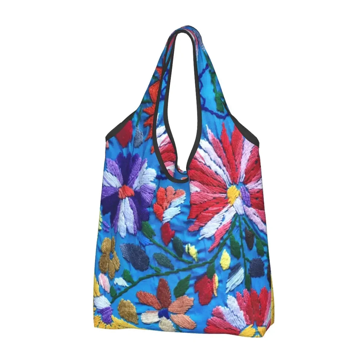 

Custom Red White Mexican Flowers Shopping Bags Women Portable Big Capacity Groceries Textile Floral Art Shopper Tote Bags