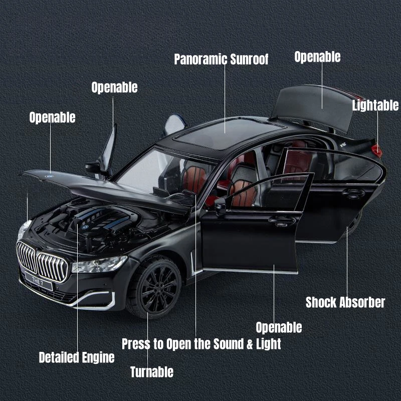 1/24 BMW THE 7 760Li Miniature Diecast Toy Car Vehicle Model 1:24 Pull Back Sound & Light Doors Openable Collection Gift Kid