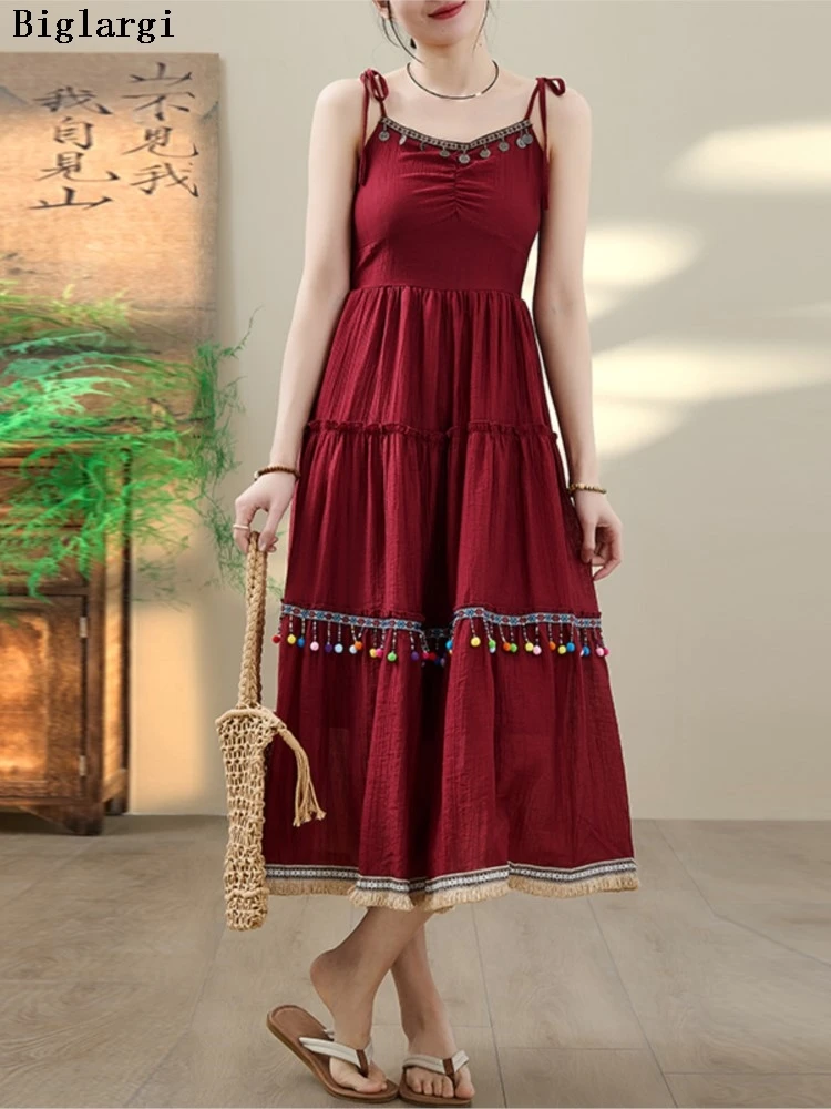 

Oversized Summer Slip Bohemian Style Dress Women High Waist Fashion Fringe Patchwork Ladies Dresses Ruffle Pleated Woman Dress