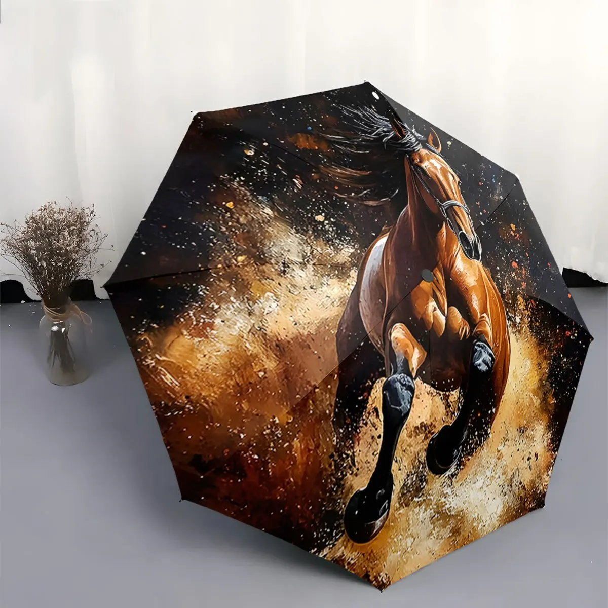 

Automatic Folding Umbrella A horse running through water. Portable collapsible design, casual outdoor accessory, Christmas bir