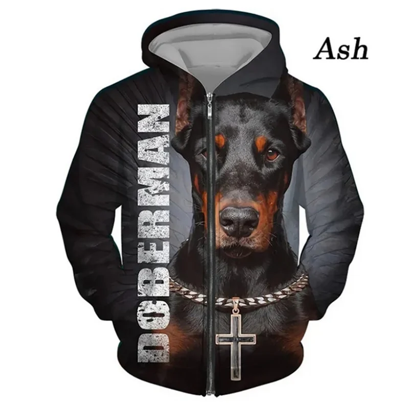 

New Men's 3D Doberman Printed Zipper Hoodies Autumn Winter Casual Dog Graphic Oversize Zip Up Pullovers Men Sweatshirts Men Tops