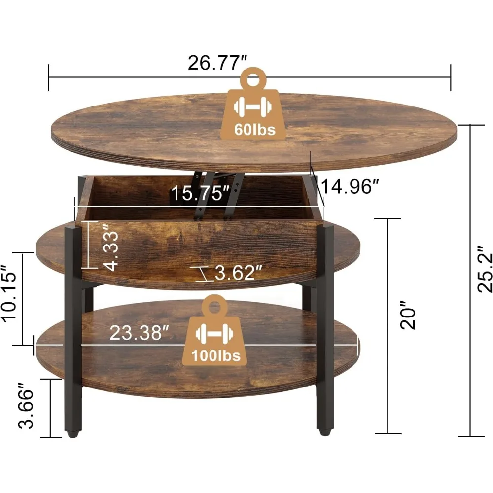 Round Lift Top Coffee Table with Storage and Hidden Compartment,  26.77'' Farmhouse Coffee Table