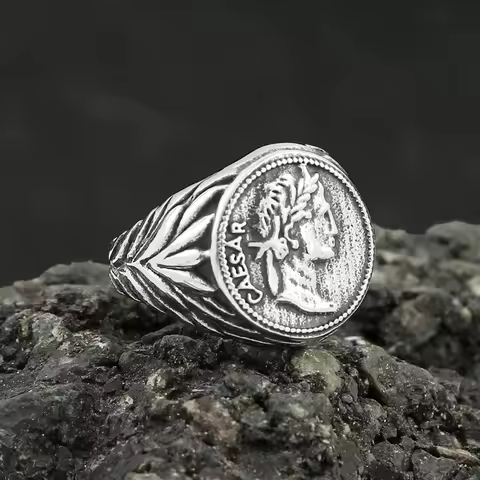 Fashion Vintage Stainless Steel Roman Gaius Julius Caesar Head Ring Silver/Gold Color Coin Jules Caesar Rings Biker Male Jewelry