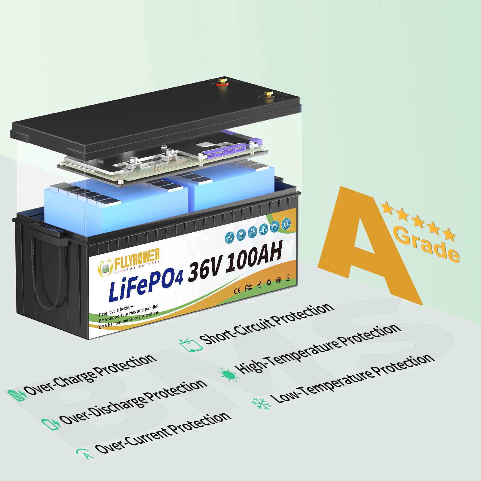 FLLYROWER 36V 100AH LiFePO4 Lithium Battery With Disply 200A BMS 8000+ Cycles Lithium Battery for RV,Solar,Trolling Motor,Marine