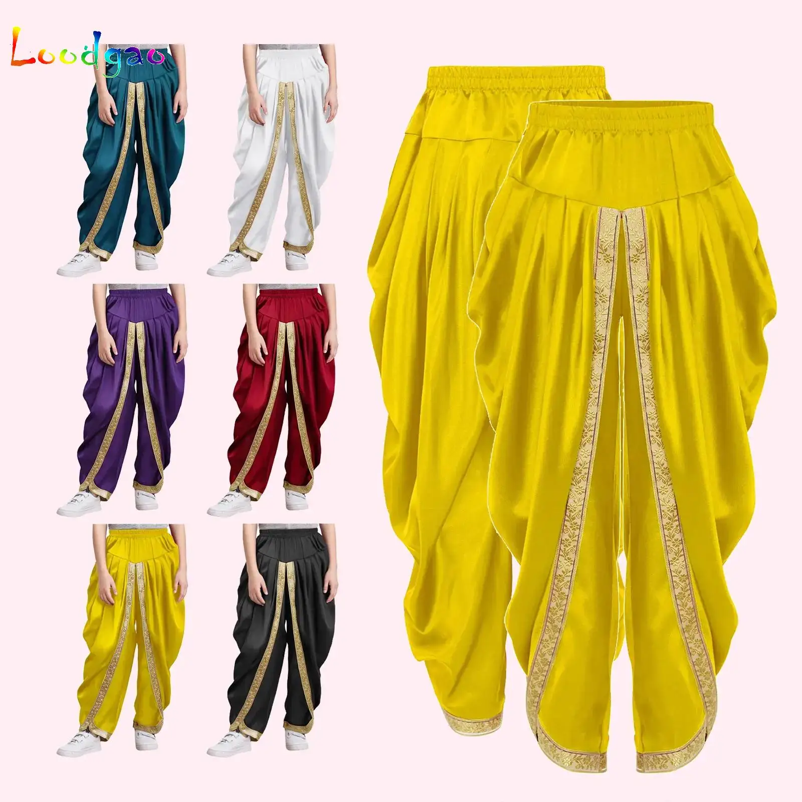 Boys Girls Arabian Prince Costume Satin Dhoti Pants Elastic Waistband Draped Baggy Bloomers Halloween Carnival Cosplay Trousers