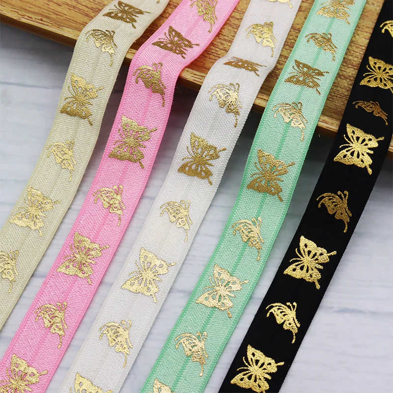 

Hot Sale 10Yards 5/8" 15mm Gold Foil Butterfly Printed Spandex FOE Fold Over Elastic Ribbon For Hair Tie Headband DIY Sewing