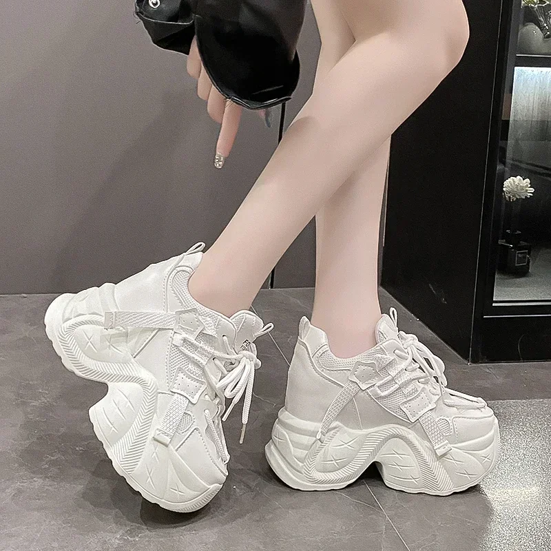 Shoes Female 2024 Hot Sale Lace Up Women's Vulcanize Shoes Spring Round Toe Solid Net Cloth High Heel Casual Platform Sneakers