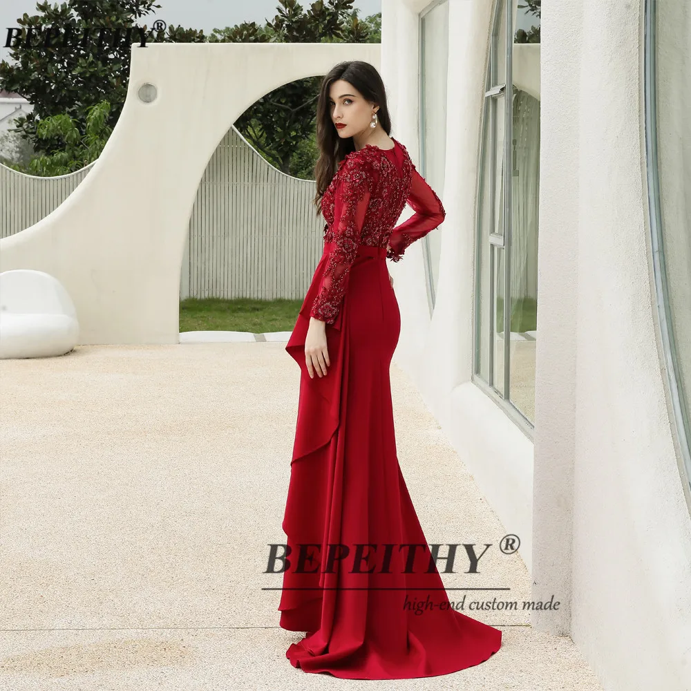 BEPEITHY Customized O Neck Mermaid Lace Evening Dress Sexy Full Sleeves Red Prom Dresses For Women 2023 Ladies Dress For Party