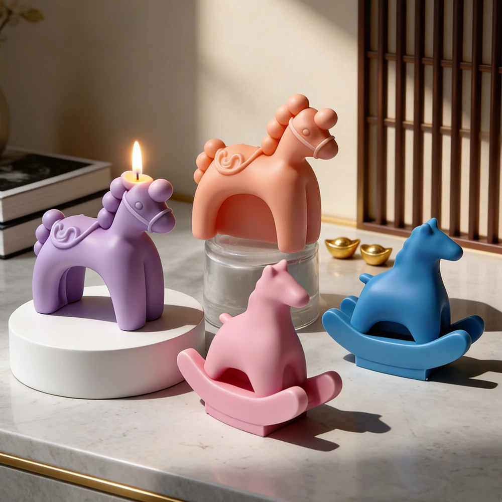 DIY Trojan Horse Form Silicone Mold Handmade Aroma Candle Plaster Rocking Horse Decor Mould Soy Wax Candle Making Supplies