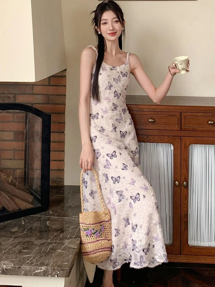 Letnia Sukienka na Ramiączkach z Żakardowym Nadrukiem, Elegancka, Seksowna, Długa, Damska, Boho, Elegancka, Codzienna Sukienka Domowa 2025, Koreańska Moda, Obcisła Sukienka Wieczorowa