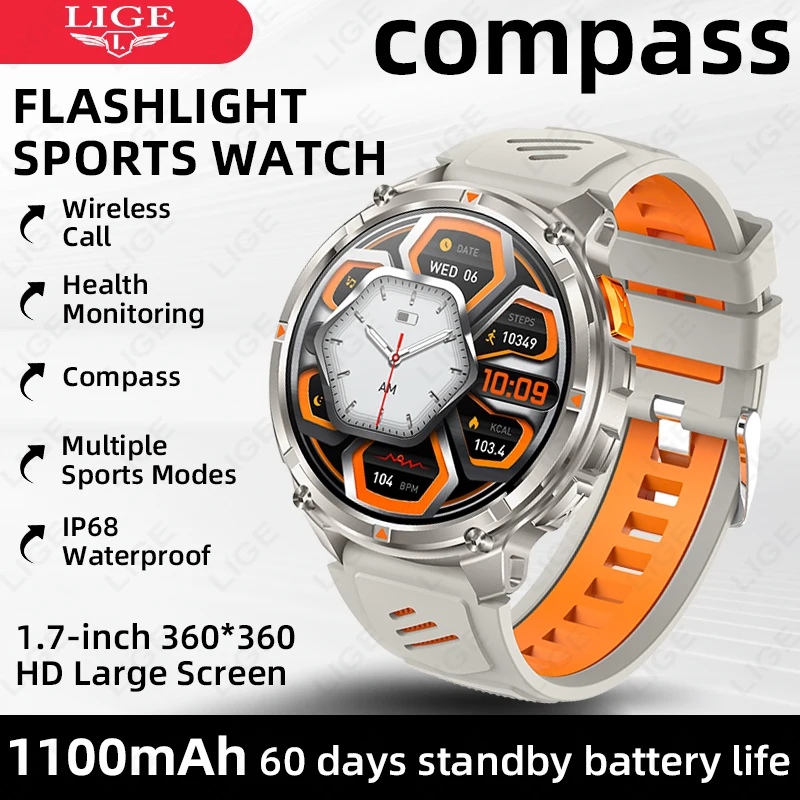 

LIGE New Health Monitor Smart Watch 2025 Men Bluetooth Call 1100mAh Battery Outdoor Sports Fitness Tracker Compass Smartwatch