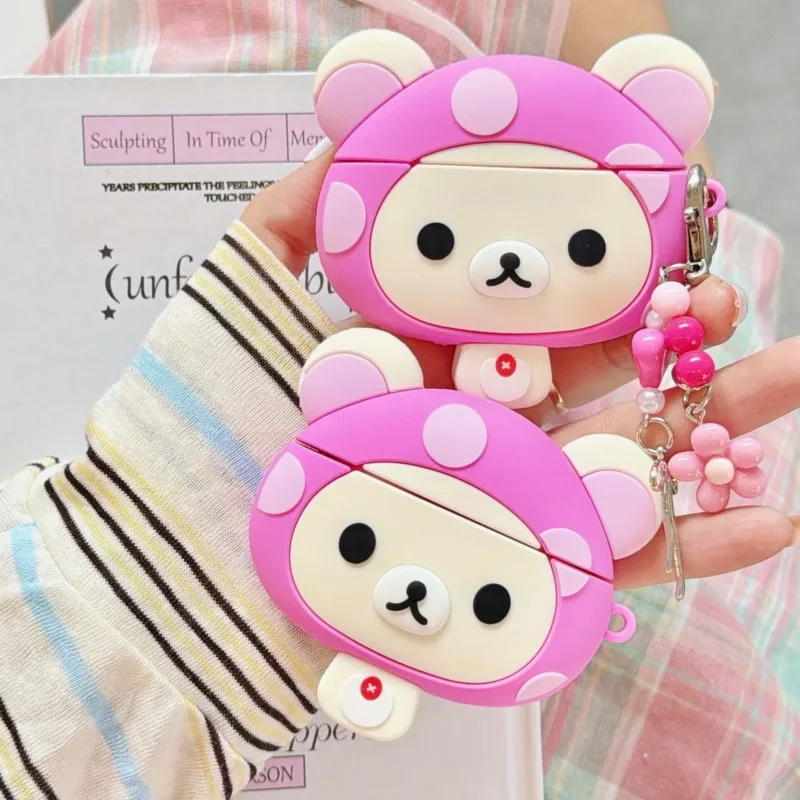 Cute Rilakkuma Mushroom Case Kawaii 3D Silicone Bear with Keychain Shockproof Cover for Airpods 3 4 Pro Pro2 Pro3 Girls
