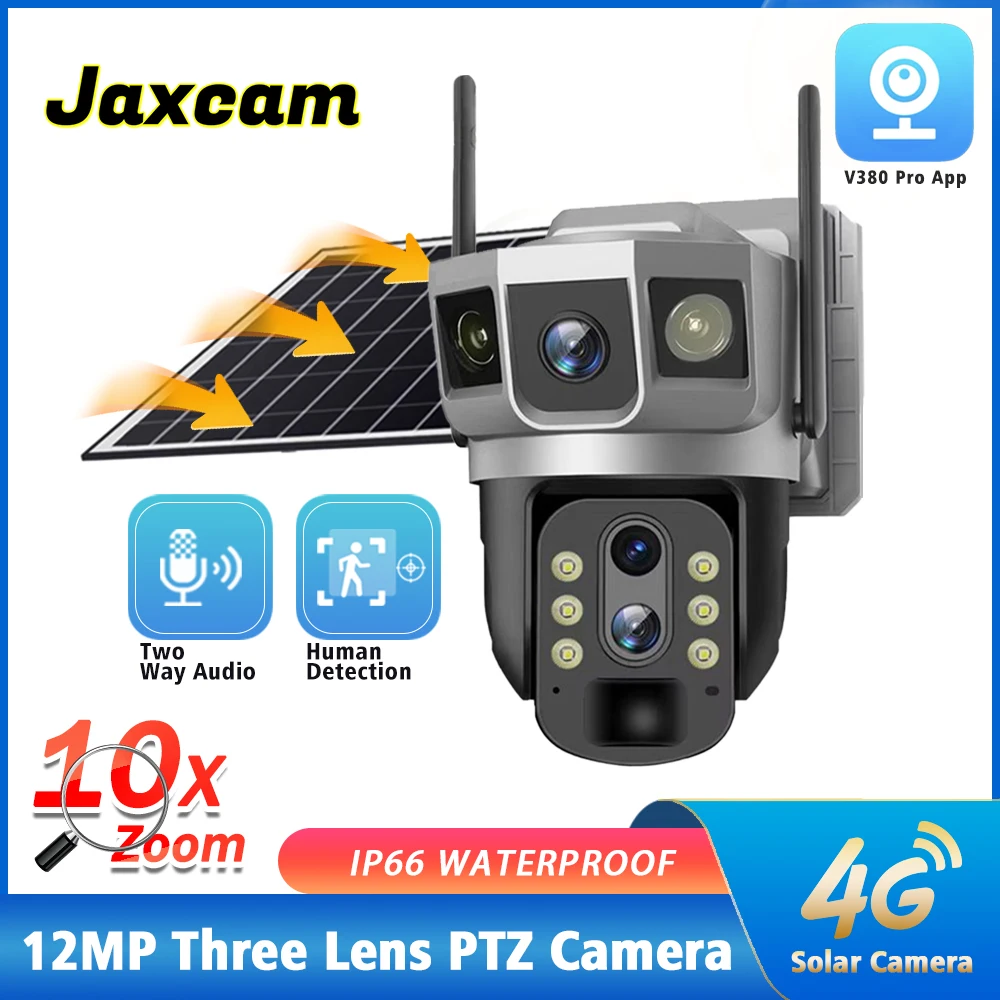 

6K 12MP 4G SIM Card Three Lens Solar Cameras Surveillance PTZ Battery Camera Color Night Vision security Protection V380 Pro