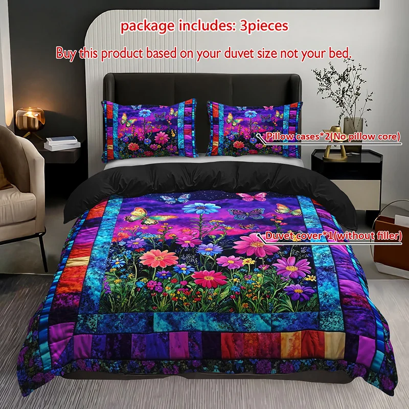 

3pcs Butterfly Floral Bedding Duvet Cover Set Vibrant Garden Bedding Quilt Set Patchwork Themed Bed Quilt Set Night Garden