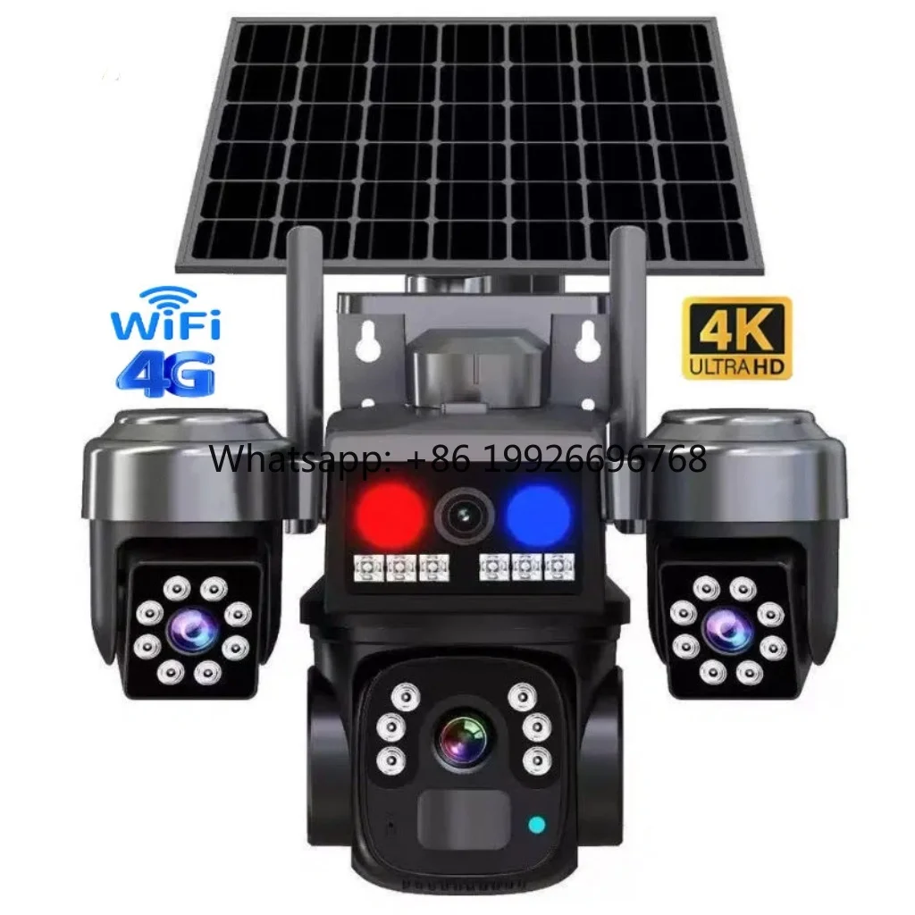 12MP 4K Red Blue Light Alarm True Triple Lens Triple View PTZ 360 Full Color Night Vision Outdoor PIR Solar WiFi Security Camera