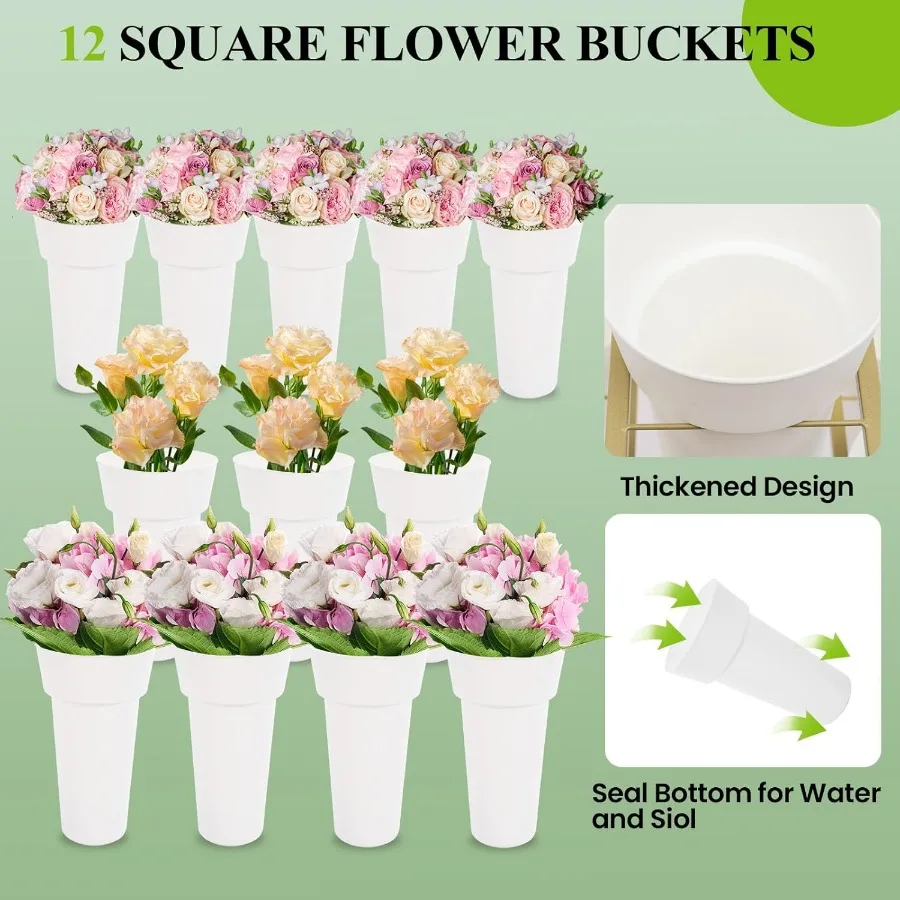 حامل عرض الزهور مع 12 دلو وعجلات لمتجر الزهور بتصميم على الوجهين بإطار ذهبي ودلاء مستديرة بيضاء مثالية