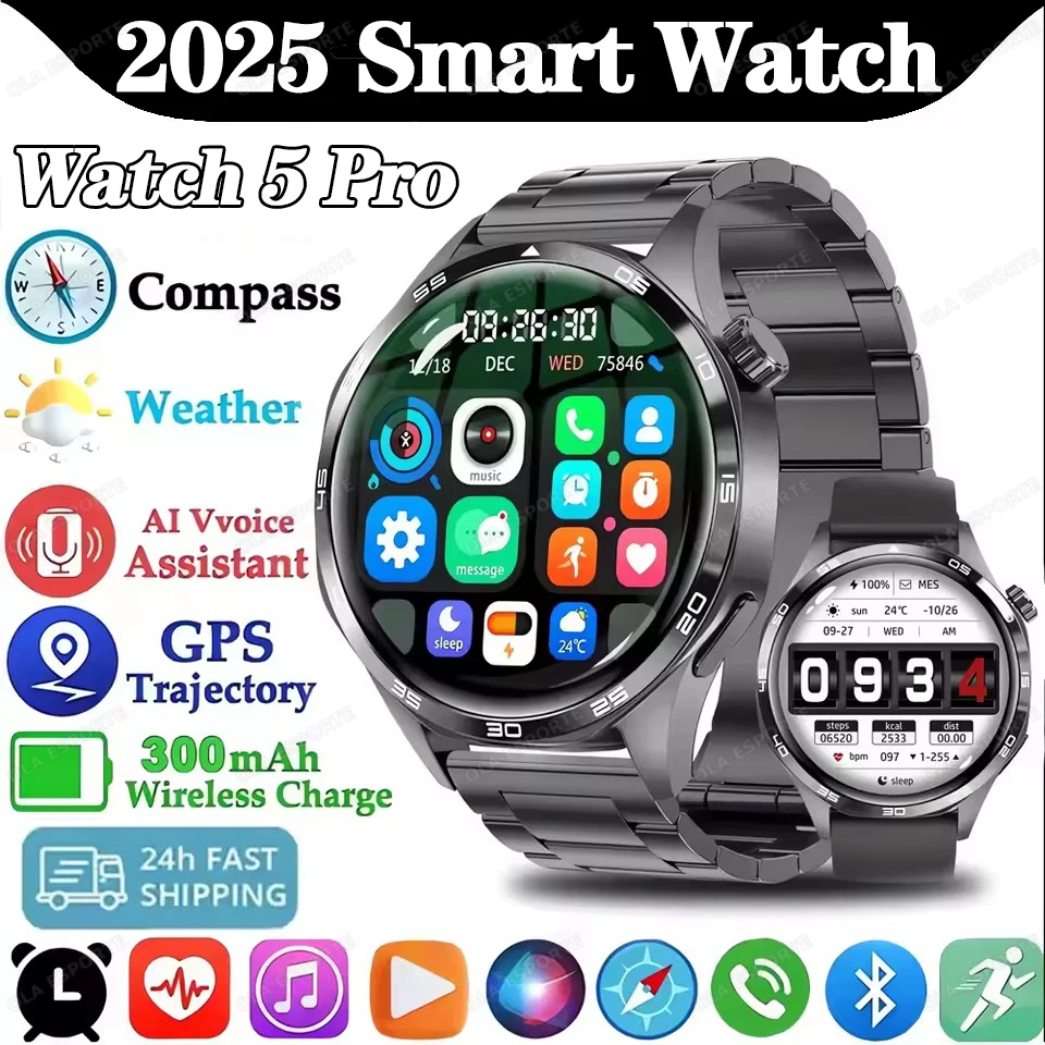 

2025 Новые Смарт-часы GT5 Pro для мужчин HD AMOLED Экран GPS Траектория движения Сердечный ритм Bluetooth Вызов 1,52 "Водонепроницаемые SmartWatch