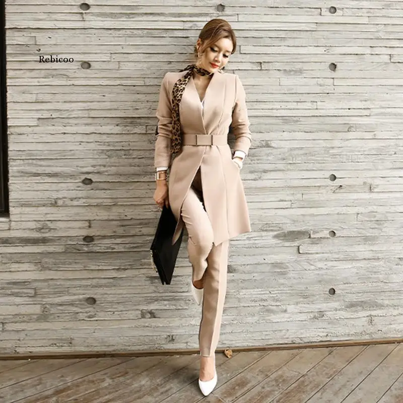 Women's suit fashion elegant office work wear blazers jackets with belt Silk scarf &Trousers 2 piece outfits Pants suit women