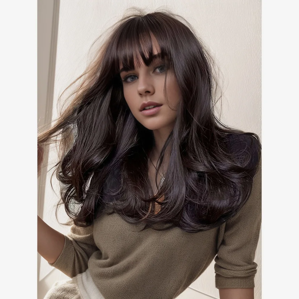 

European and American custom dark brown wig, long curly wig, chemical fiber headgear wig with bangs