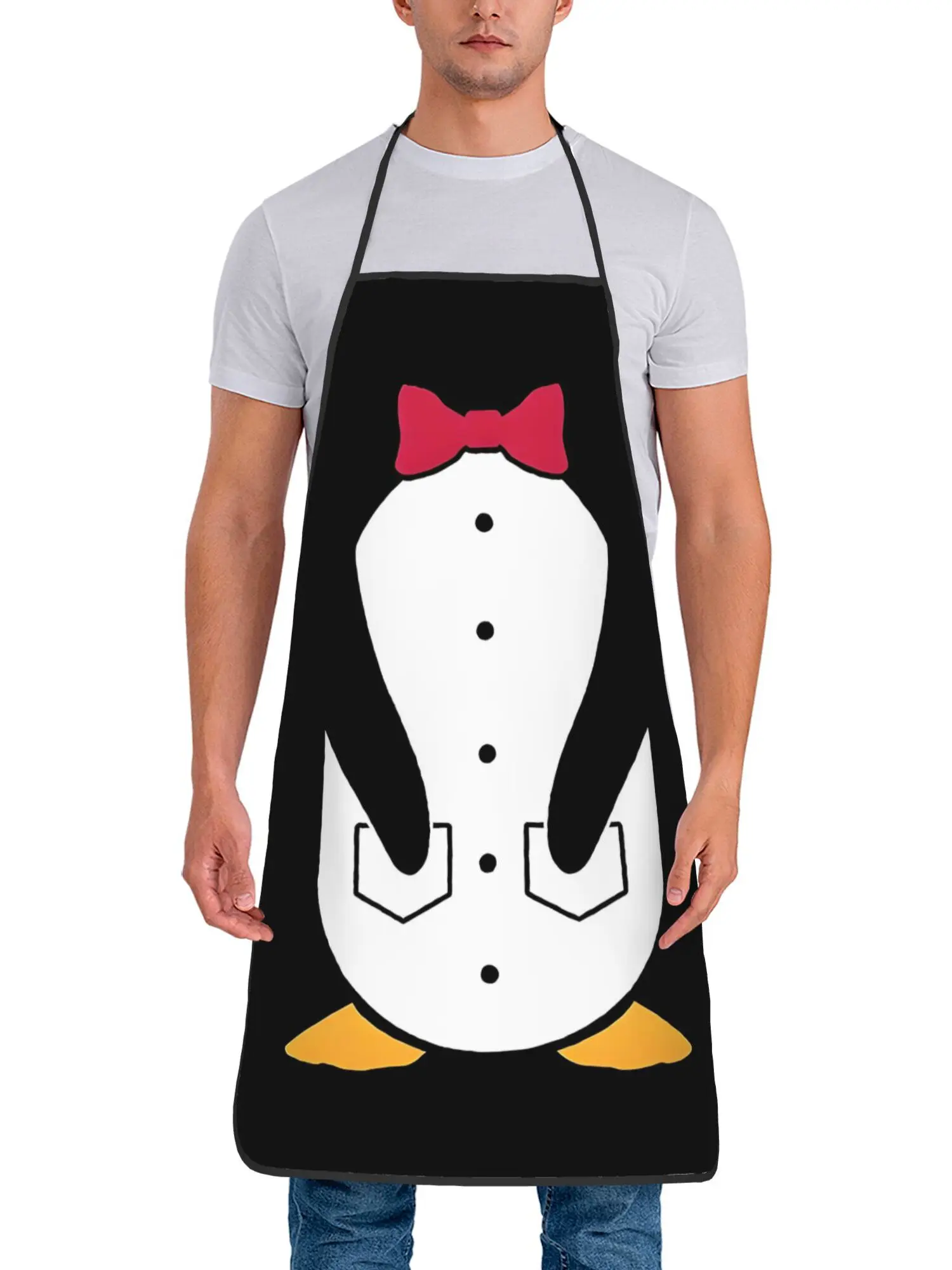 Penguin Tuxedo Apron – Black & White Cartoon Penguin with Red Bowtie,  Polyester,  Unisex, No Pocket
