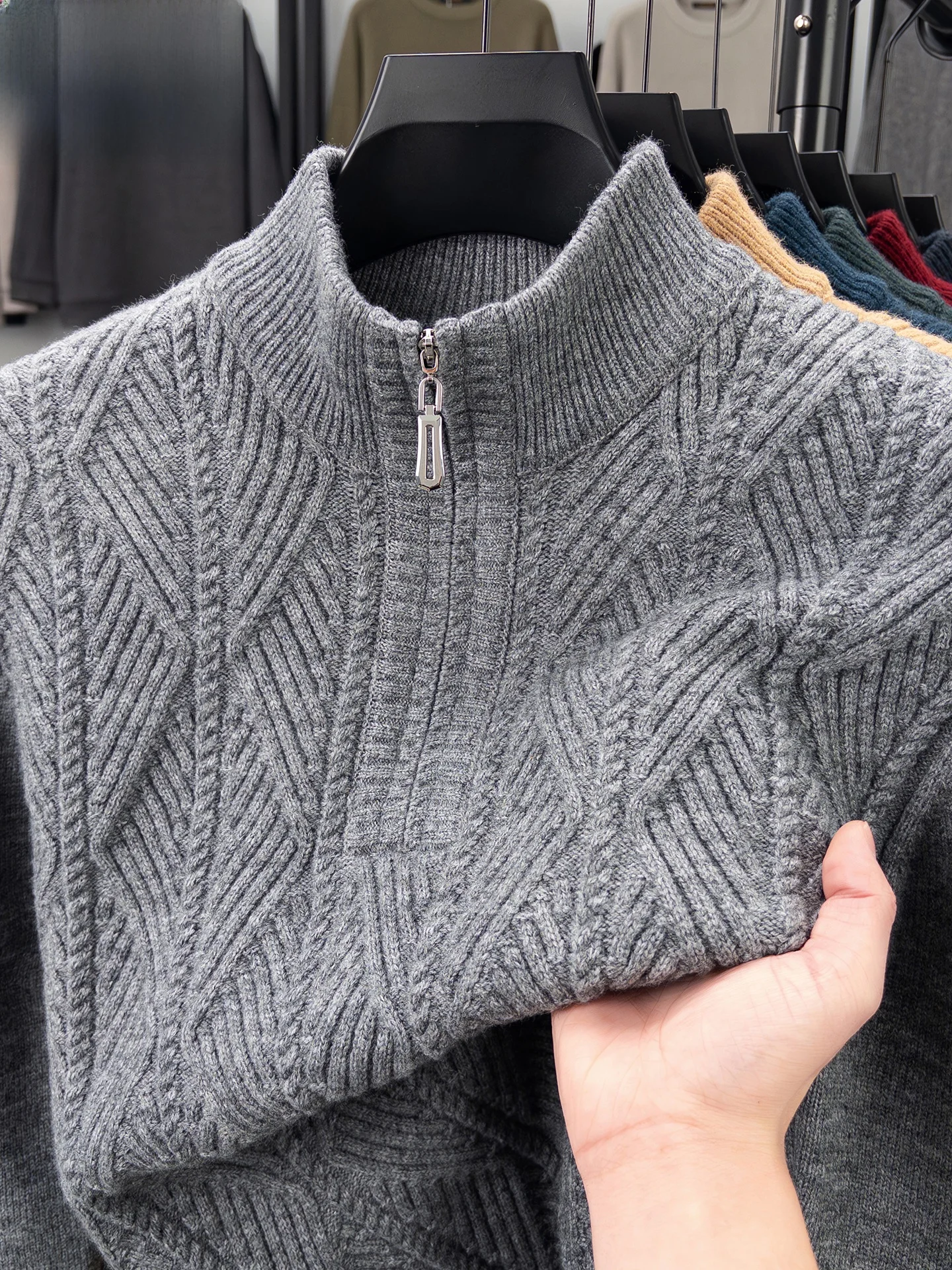 

Утепленный зимний вязаный шерстяной свитер для мужчин среднего возраста, на молнии, с высоким воротником, модный повседневный, с длинным рукавом