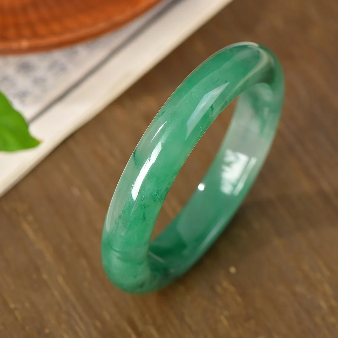 Women Green Pattern Stone Bangle Smooth Polished Round Band Bracelet Vintage Oriental Gemstone Bangle Jewelry Gift for Lady