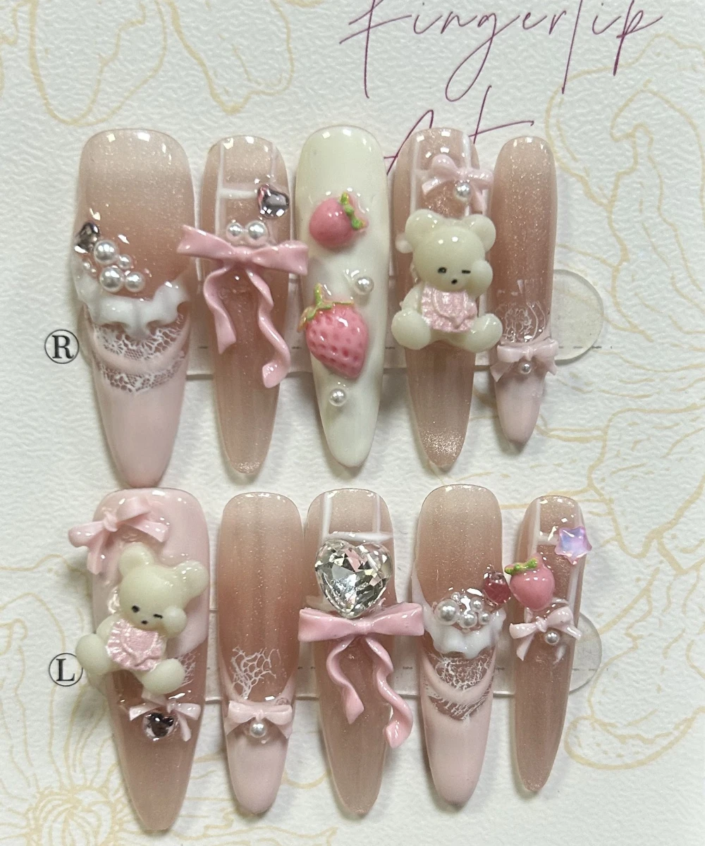 

10 Pieces Pearl Glitter Pink 3D Strawberry Teddy Bear Handmade Press On Nails Blush Cute Bow Fake Nails Removable Reusable