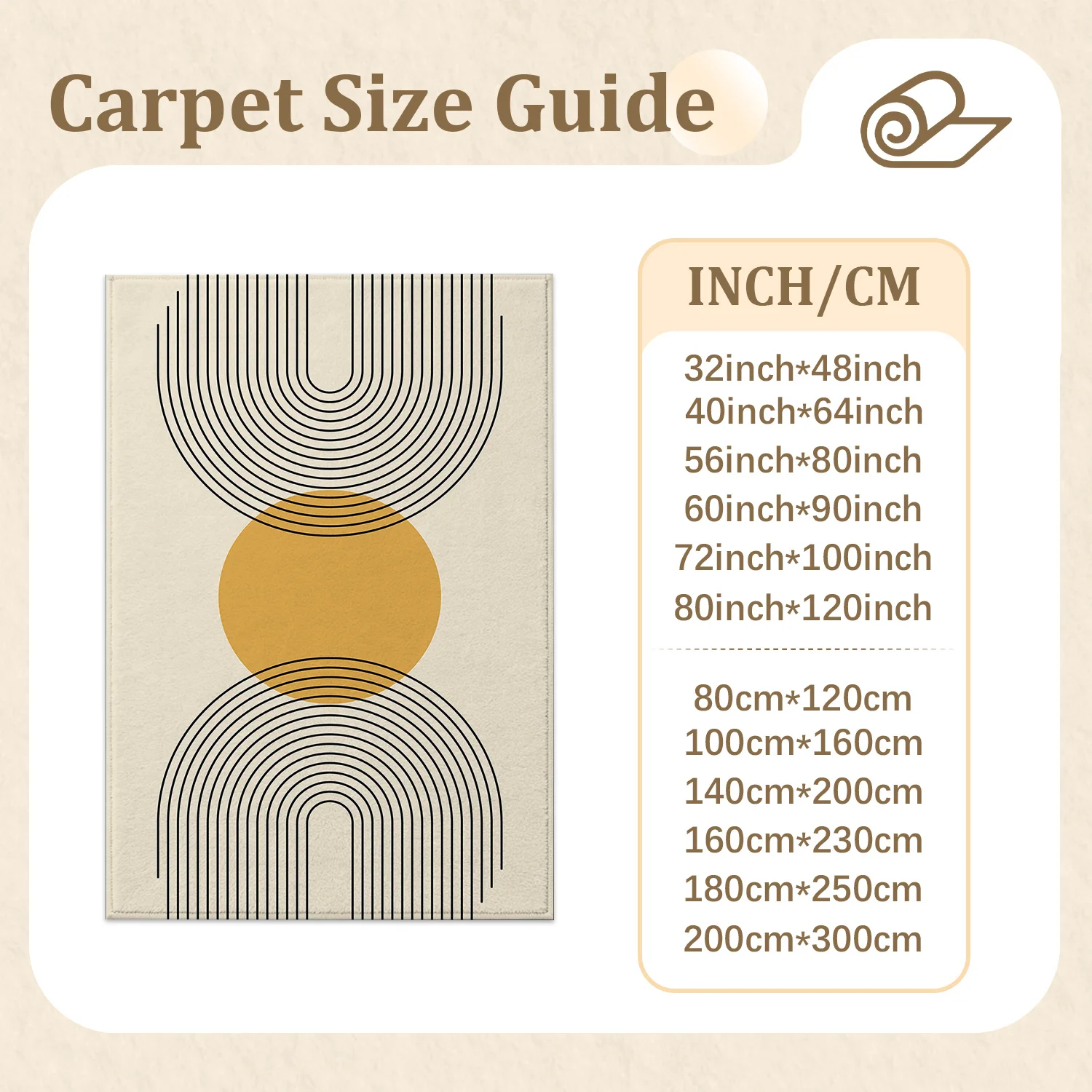 Large Indoor Area Rug, Soft Velvet Low Pile Rug with Non-Slip Dotted Backing, Machine Washable Mid-Century Modern Geometric Rug with Black Curved Lines & Golden Circle, Ideal for Living Room, Bedroom, Entryway