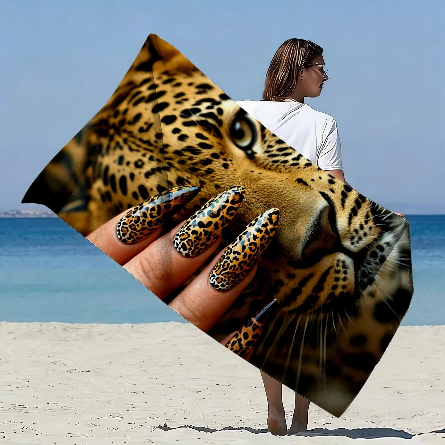 Glam Leopard Beach Towel Bold Leopard Face with Matching Nail Art Pattern Bath Towel Perfect for Fashion Lovers Beach Vacations