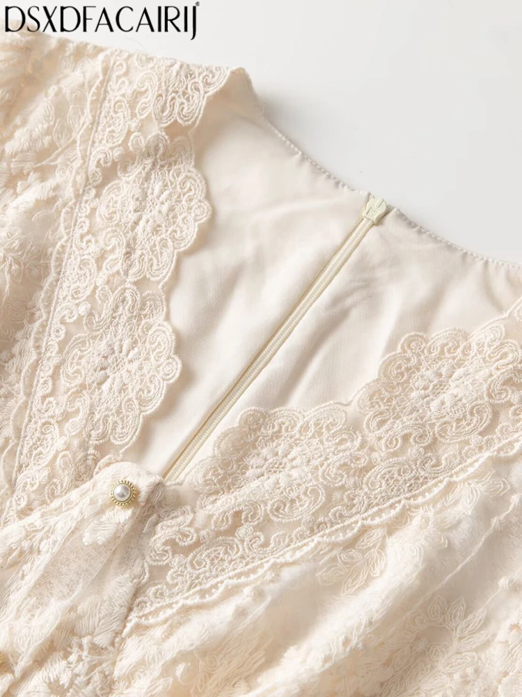 DSXDFACAIRIJ ชุดเดรสผู้หญิงคอวี แขนทรงโคม ผ้าลายแจ็คการ์ด ผูกเชือก แต่งผ้าลูกไม้ สไตล์หวานๆ สำหรับฤดูใบไม้ผลิและฤดูใบไม้ร่วง