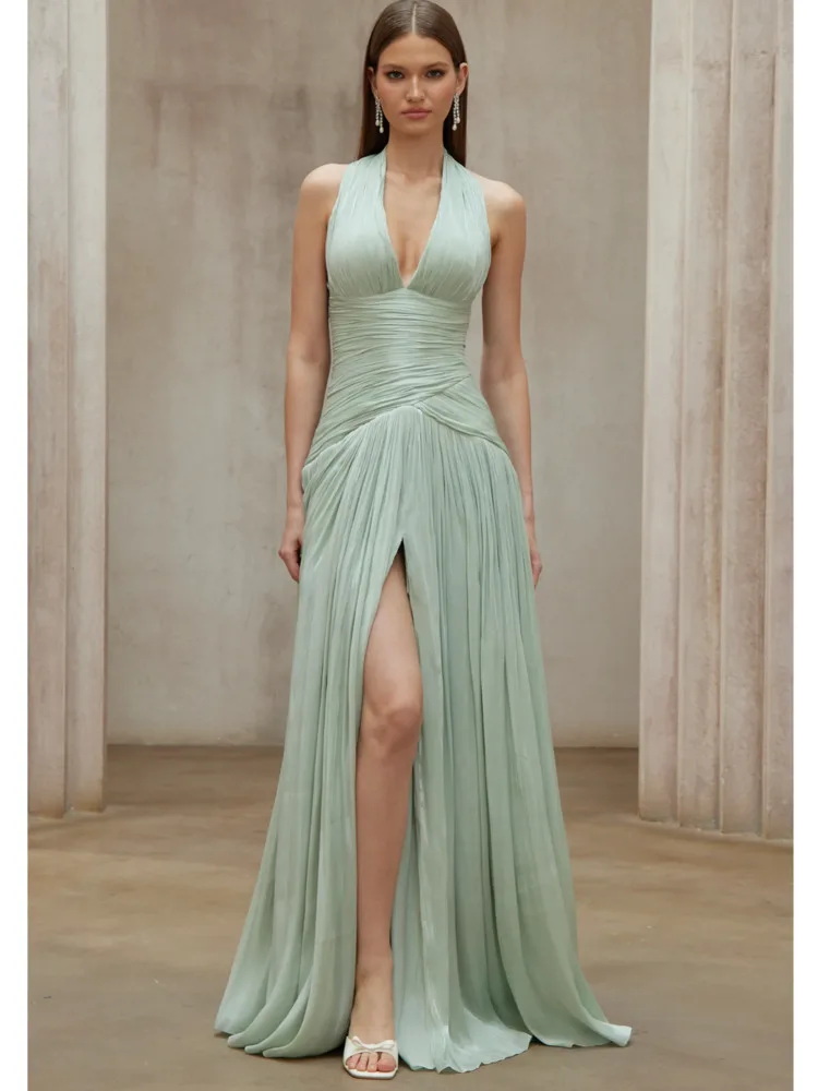 DFDG Damesjurk voor lente/zomer, halter, diepe V-hals, gerimpeld, met sleep, maxi, elegant, formeel, avondkleding, 2026, trendy, vrouwelijke modejurk