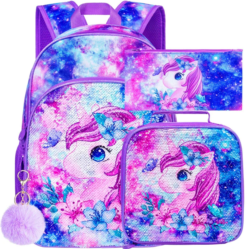

3PCS Unicorn Backpack for Girls, 16" Sequin Kids Bookbag and Lunch Box, Preschool Backpacks for Elementary