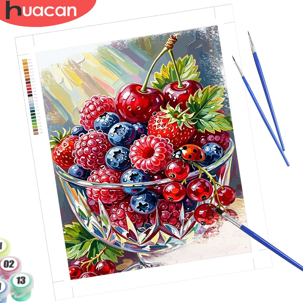 HUACAN Kitchen Paint By Number Mixed Berries Glass Bowl Ladybug  DIY Drawing By Numbers For Adults Fruit Canvas Painting Kit