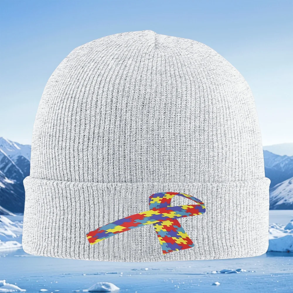 Puzzle pieces ribbon black background Men Women Unisex Knitted Hat Beanie Pullover Cap Winter Thermal Warm Christmas Outdoor Cyc