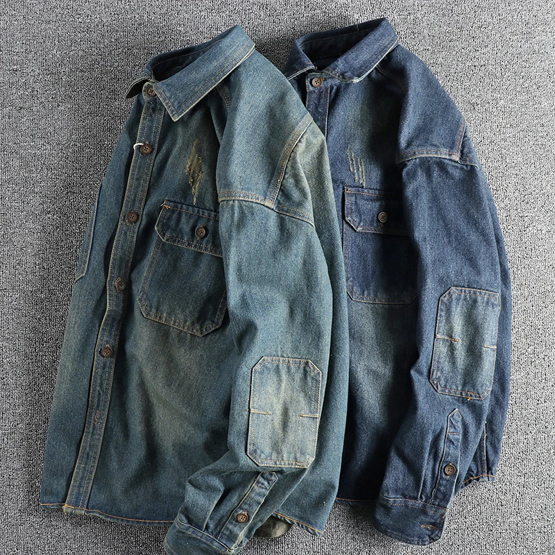 Heavy washing to do old vintage denim shirt men loose casual trend youth shirt