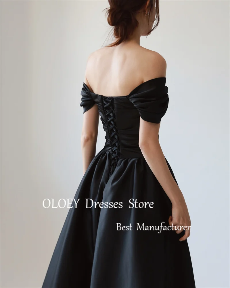 OLOEY Simple Black A Line Evening Dresses Korea Wedding Photoshoot Off Shoulder Sleeves Ankle Length Formal Evening Gowns