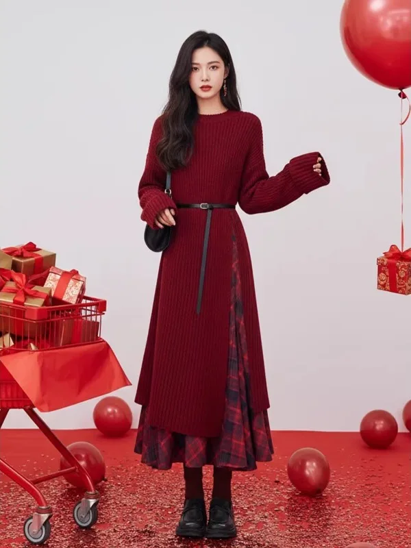 Christmas Elegant Red Wrap Dress Winter 2026 New Cold Rich Girl Fashion Skirt Women's Mid-Length Plaid Knitted Sweater Set