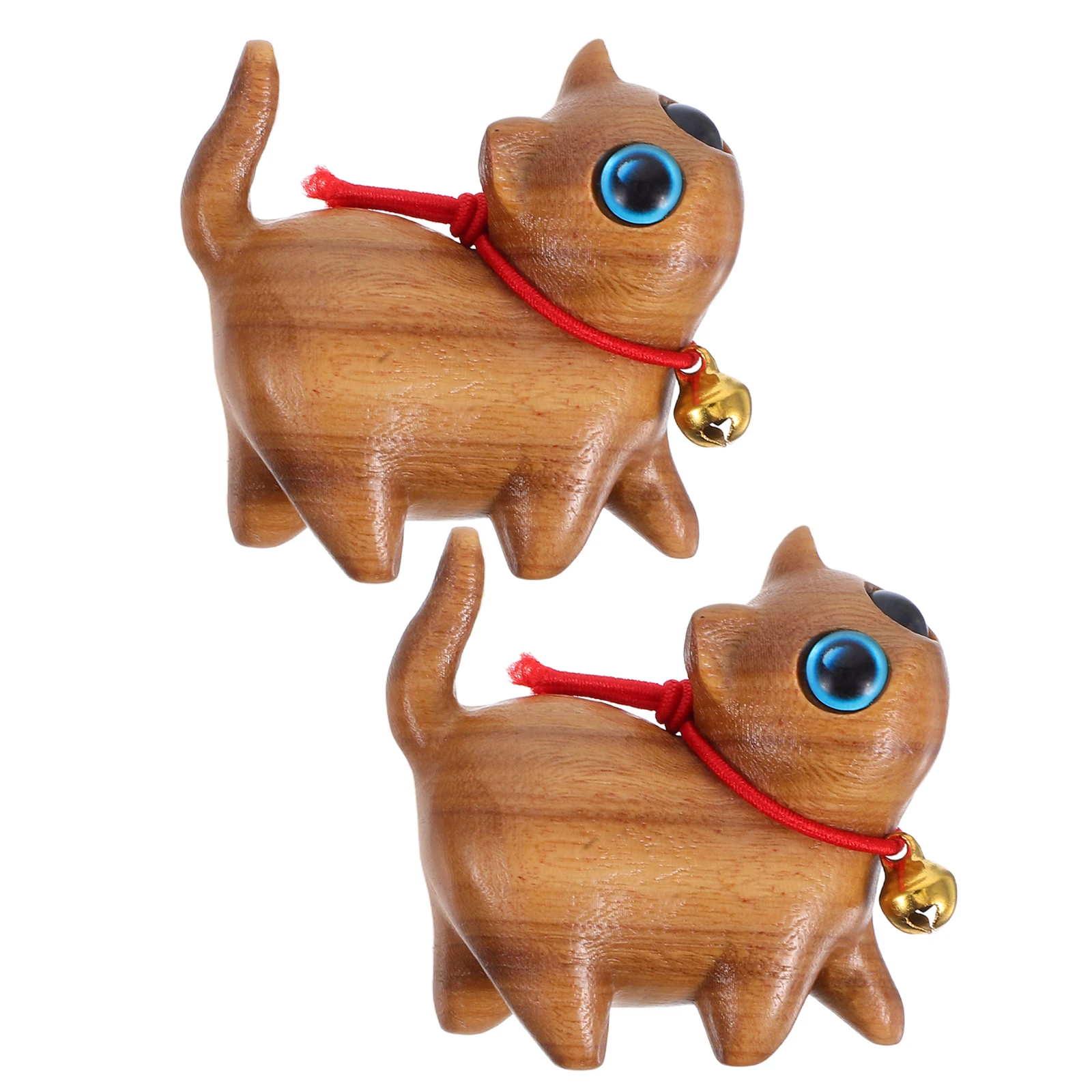 

2pcs Small Cat Statue Wooden Hand-Carved For Desk Decor Home Office Kawaii Accessories Cute Animal Ornament Decoration
