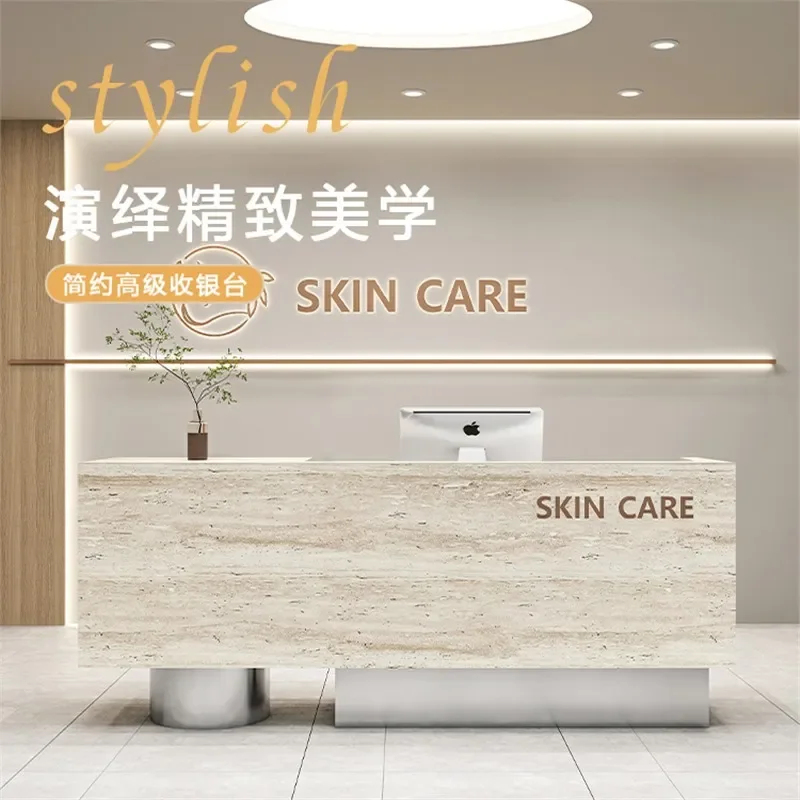 Travertine Reception Desk for Boutique Clothing Store Bar or Salon Small Luxury Front Counter with Storage Cabinet