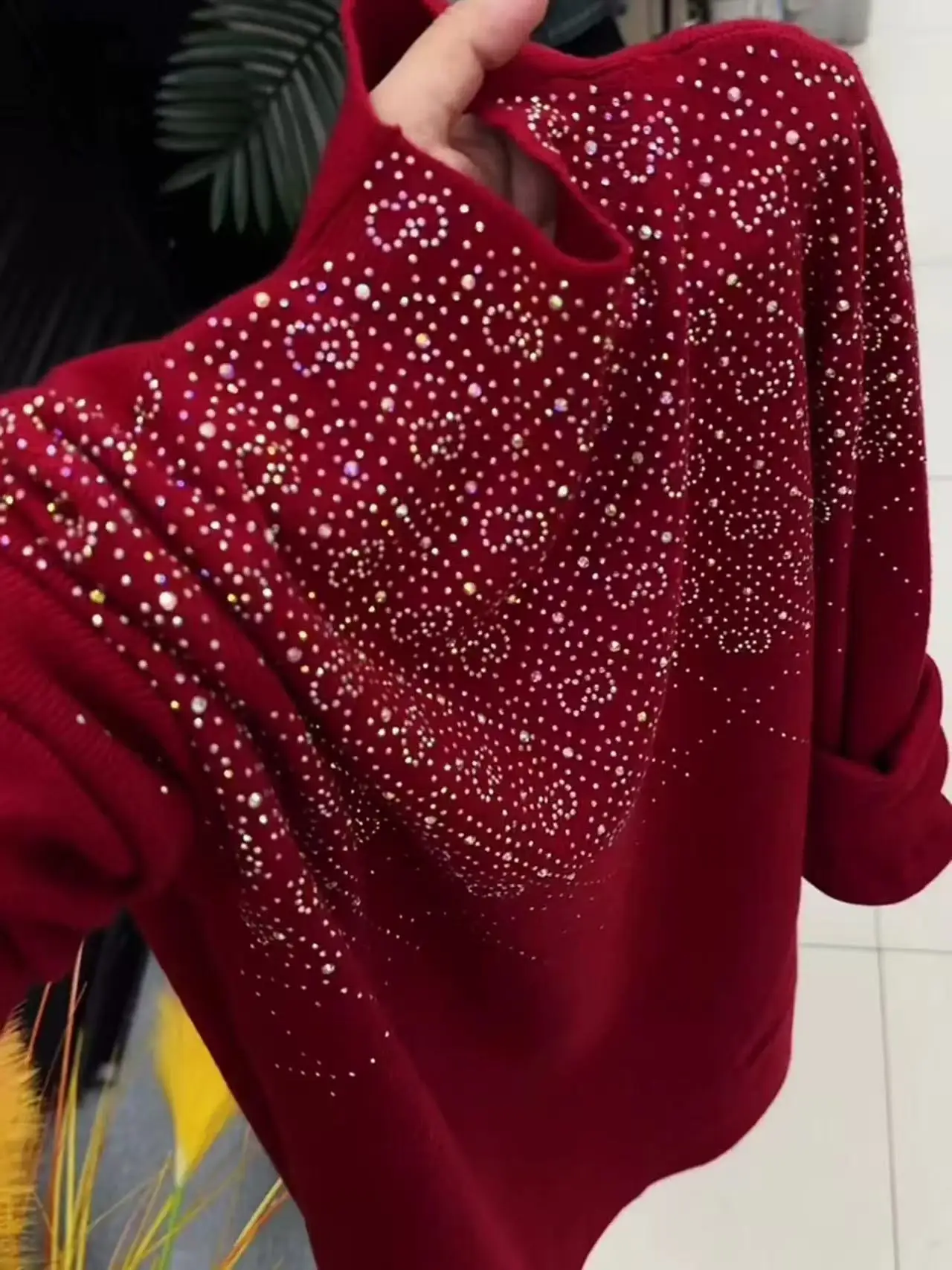 Luxury Diamonds Hot Drilling Long Sleeve Red Sweater Women Autumn Winter Knitwear Jumper Top Knitted Bottoming Pullovers