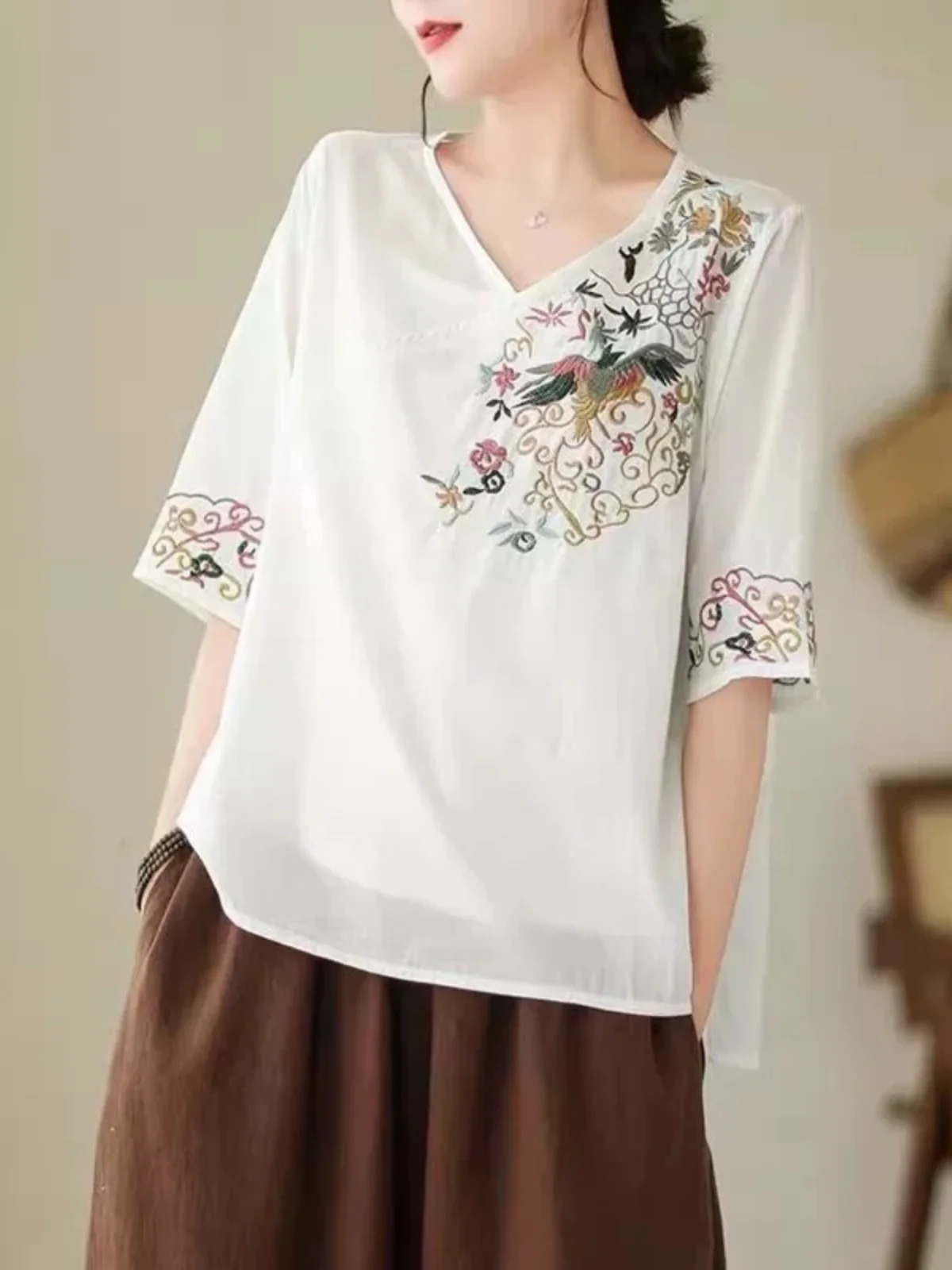 قميص فضفاض من القطن والكتان للنساء، طبقة أساسية صيفية، تصميم كوري بعقدة، نمط فني، قماش رقيق