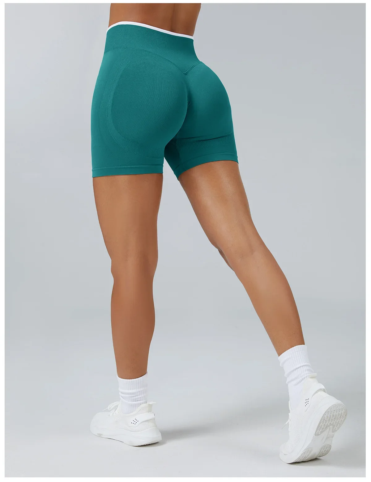 Farbblock-Sport-Yoga-Shorts Nahtlose Hochgeschnittene Sporttights Lauf- und Fitnesshosen Atmungsaktive Schnelltrocknende Sportbekleidung – Detail 3