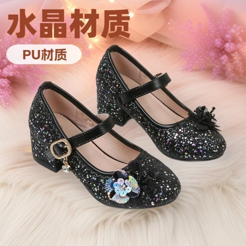 

Детские туфли для девочек с пайетками, новая корейская версия, весенние, на высоком каблуке, модные, нарядные, с цветочным декором, для вечеринок, кожаные