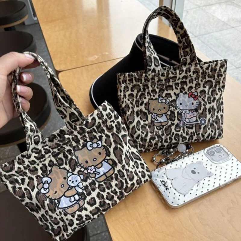 Miniso Leopard Hellokitty Small Bags Anime Kitty Printed Vintage Handbag Zipper Y2k Tote Bag Girl Gift New Storage Bag For Women