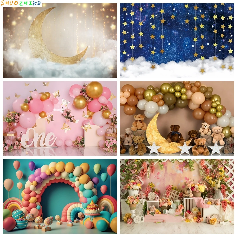 

Dreamy Shiny Gold Moon Star Party Photo Backdrop Baby Shower 1st Birthday Portrait Photographic Backgrounds For Photo Studio