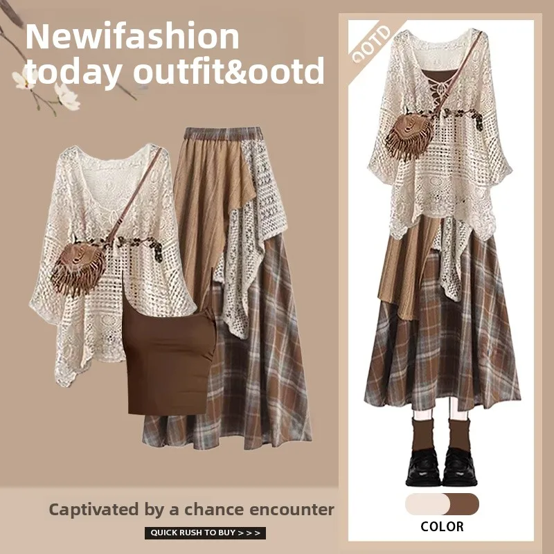 

Spring 2026 Women's Fashion Hollow out Top Skirt Set Three Pieces Slimming Strap Dress Elegant Style Polyester Fiber Button C...