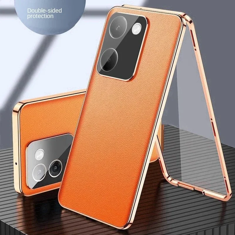 

360 Full Protection Metal Bumper Front Glass Cover for Vivo Y28 Y28S Y28E Y56 Y78 Y200 Pro Y300 Plus Y36 5G 4G Back Leather Case